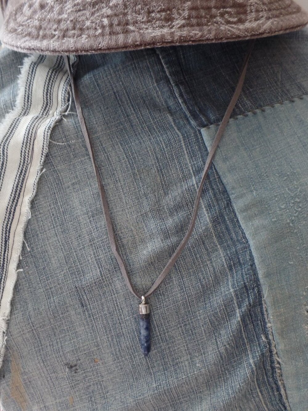 LAPIS Faceted Crystal Point Drop on Gray Suede Adjustable Tie - Picture 2 of 5